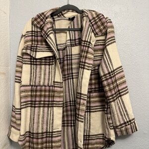 Charlotte Russe Plaid Utility Jacket - Cream and Brown